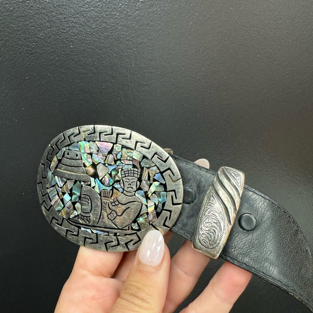 Lucchese men’s belt with abalone sterling silver made in Mexico large buckle - Picture 5 of 10